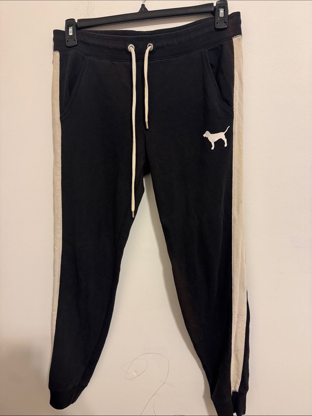 PINK Victoria's Secret Black Joggers with Cream Stripes